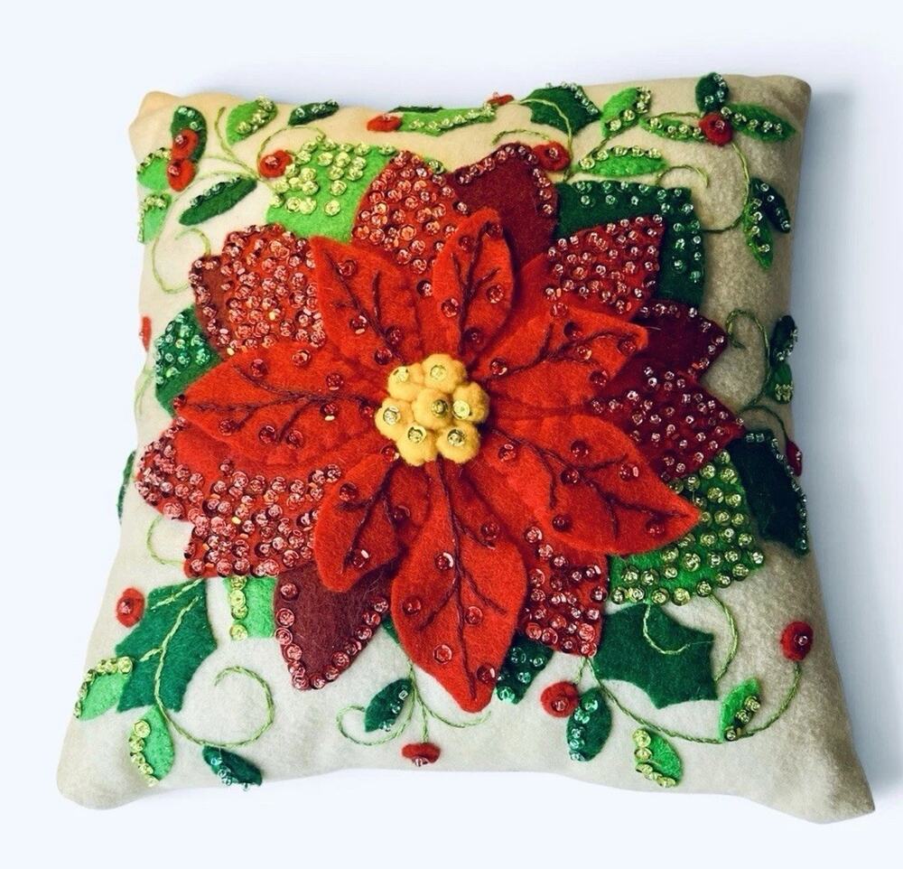 Handmade Decorative Felt Pillow Poinsettia Sequins 3D Holiday Christmas 9 x 9